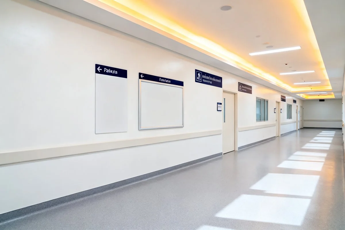 Bright empty hospital corridor in Malaysia with non-slip flooring