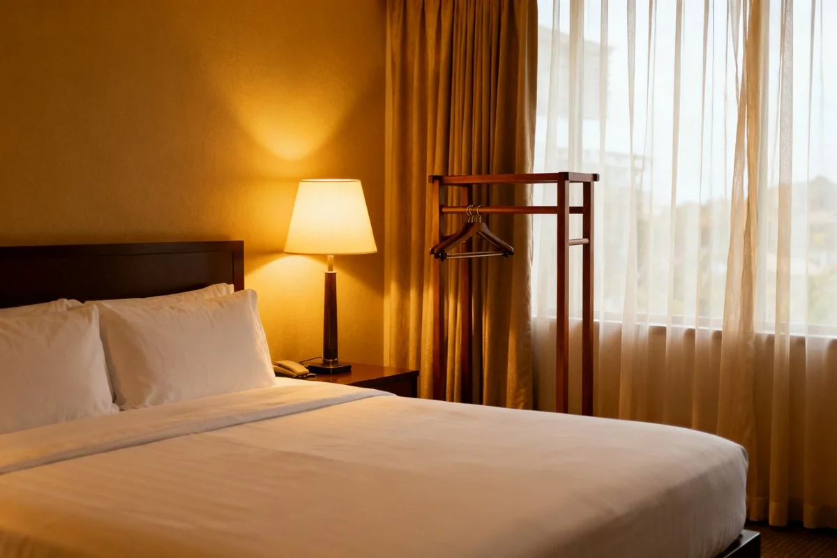 Tidy Malaysian hotel room with a neatly made bed and warm bedside lighting