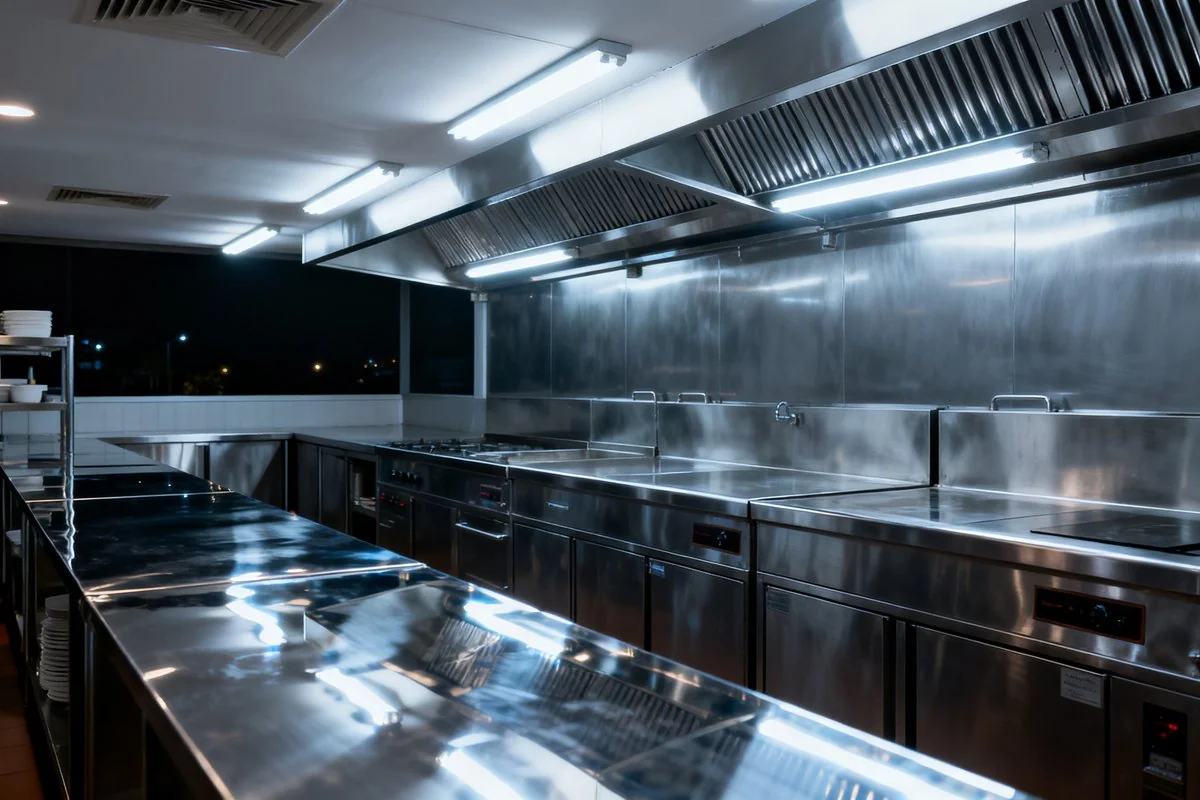 Clean stainless steel restaurant kitchen in Malaysia after hours