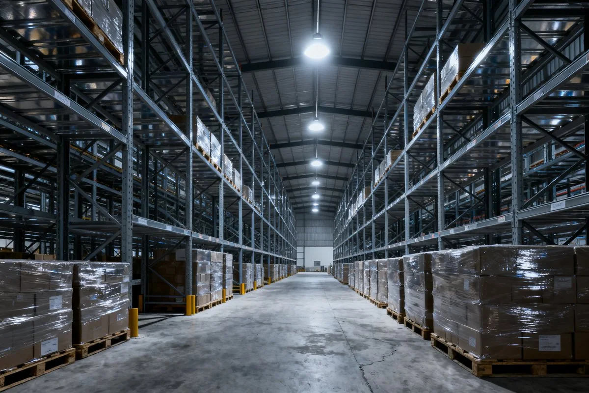 Large Malaysian logistics warehouse with high shelving and palletised goods