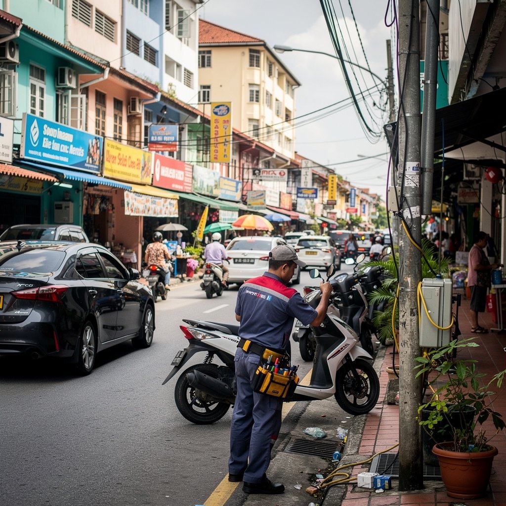 Pest control technician servicing a food premises in Cheras, Kuala Lumpur