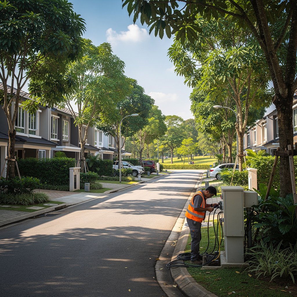 Pest control technician treating a shophouse kitchen in Kepong, Kuala Lumpur