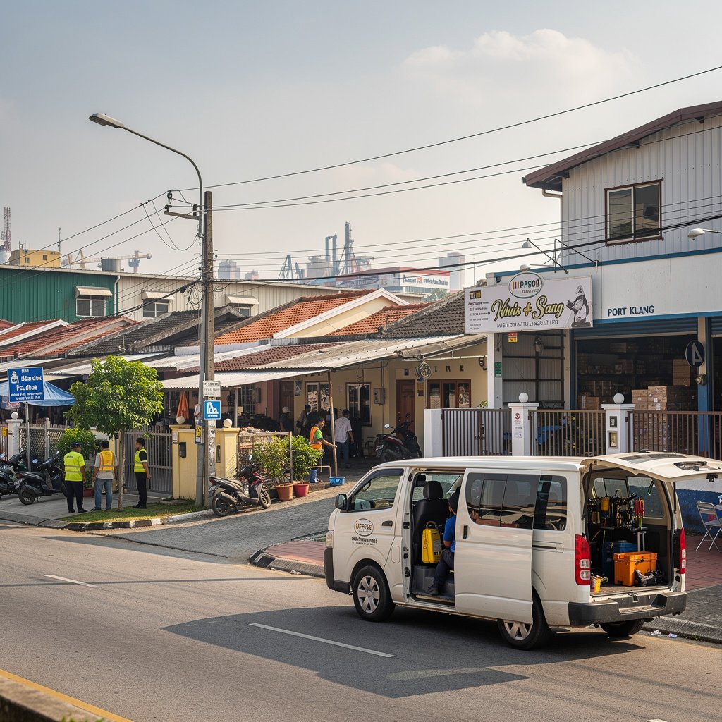Pest control technician servicing a warehouse facility near Port Klang