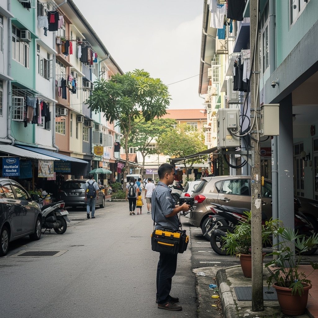 Pest control technician treating a condominium common area in Setapak, Kuala Lumpur