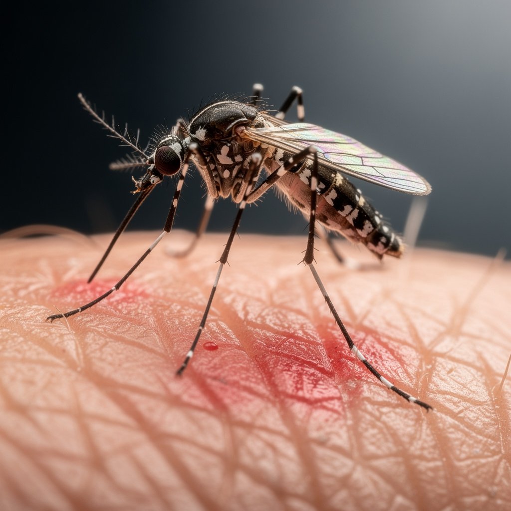 Aedes mosquito with distinctive white leg markings