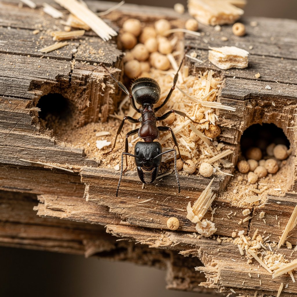Carpenter ant showing large black body and mandibles