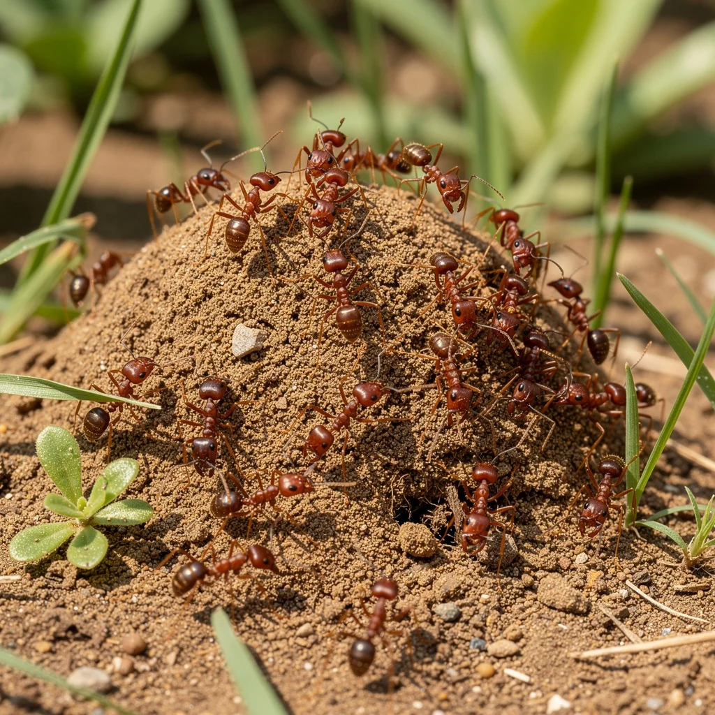 Fire ant showing reddish-brown colour and mound nest