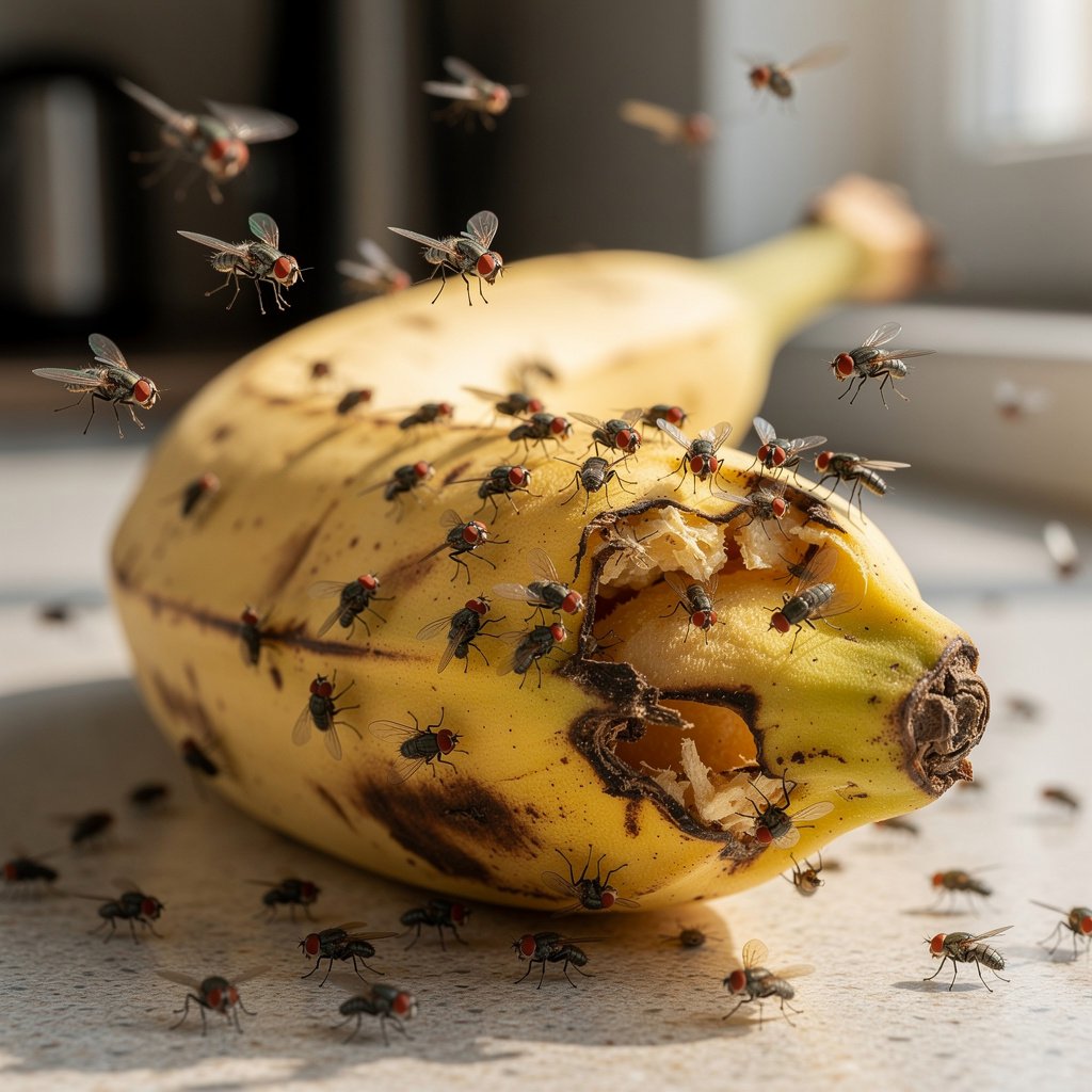 Fruit fly showing tan body and distinctive red eyes