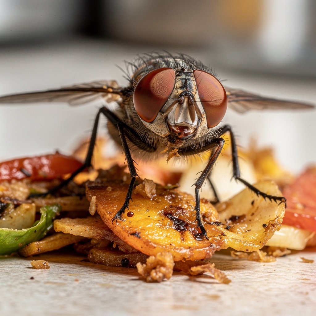 Housefly showing grey body with four dark thorax stripes and red compound eyes