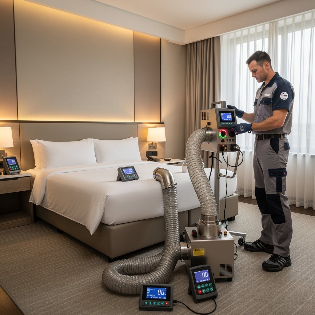 Pest control technician conducting bed bug heat treatment in a Kuala Lumpur hotel room