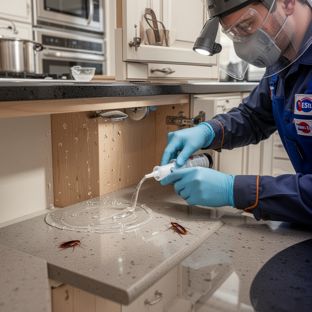 Pest control technician applying cockroach gel bait in a Malaysian restaurant kitchen