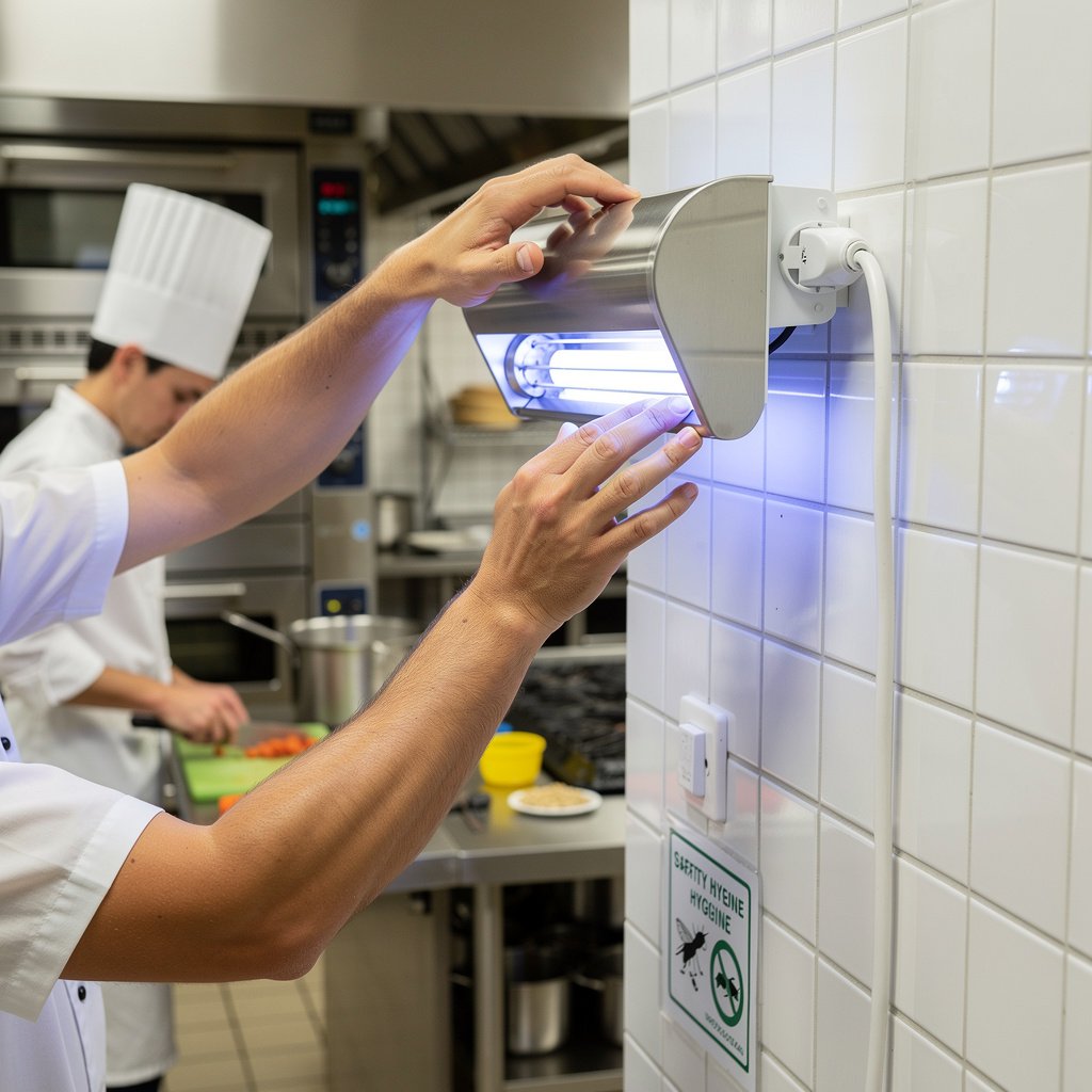 UV insect light unit installed in a Malaysian restaurant kitchen for fly control