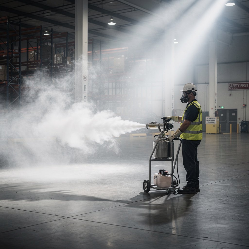 Pest control technician operating thermal fogging machine at a commercial warehouse in Selangor