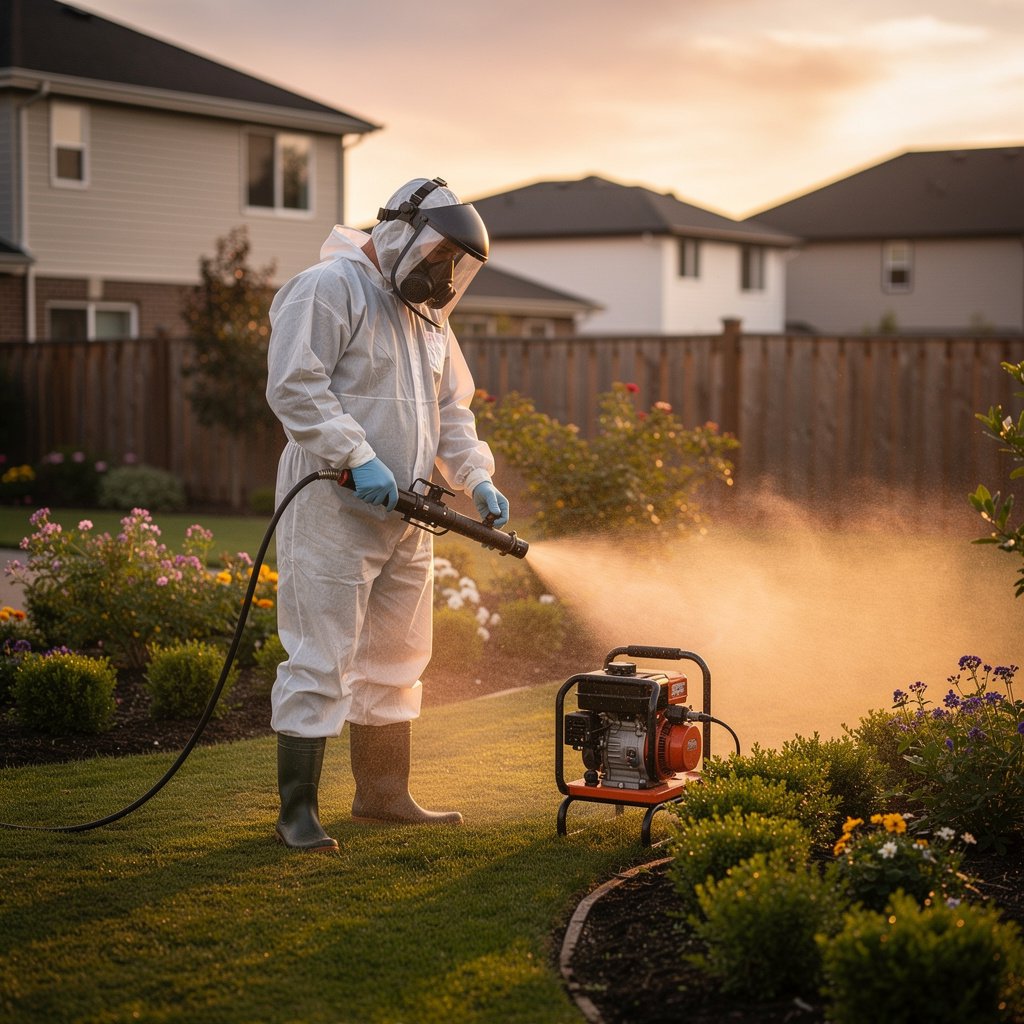 Pest control technician conducting ULV mosquito fogging at a commercial premises in Kuala Lumpur