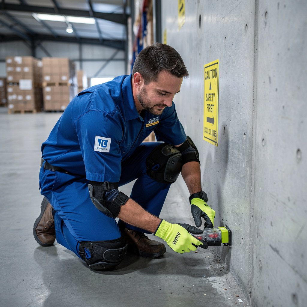 Rodent control technician installing tamper-resistant bait station in a Malaysian food factory