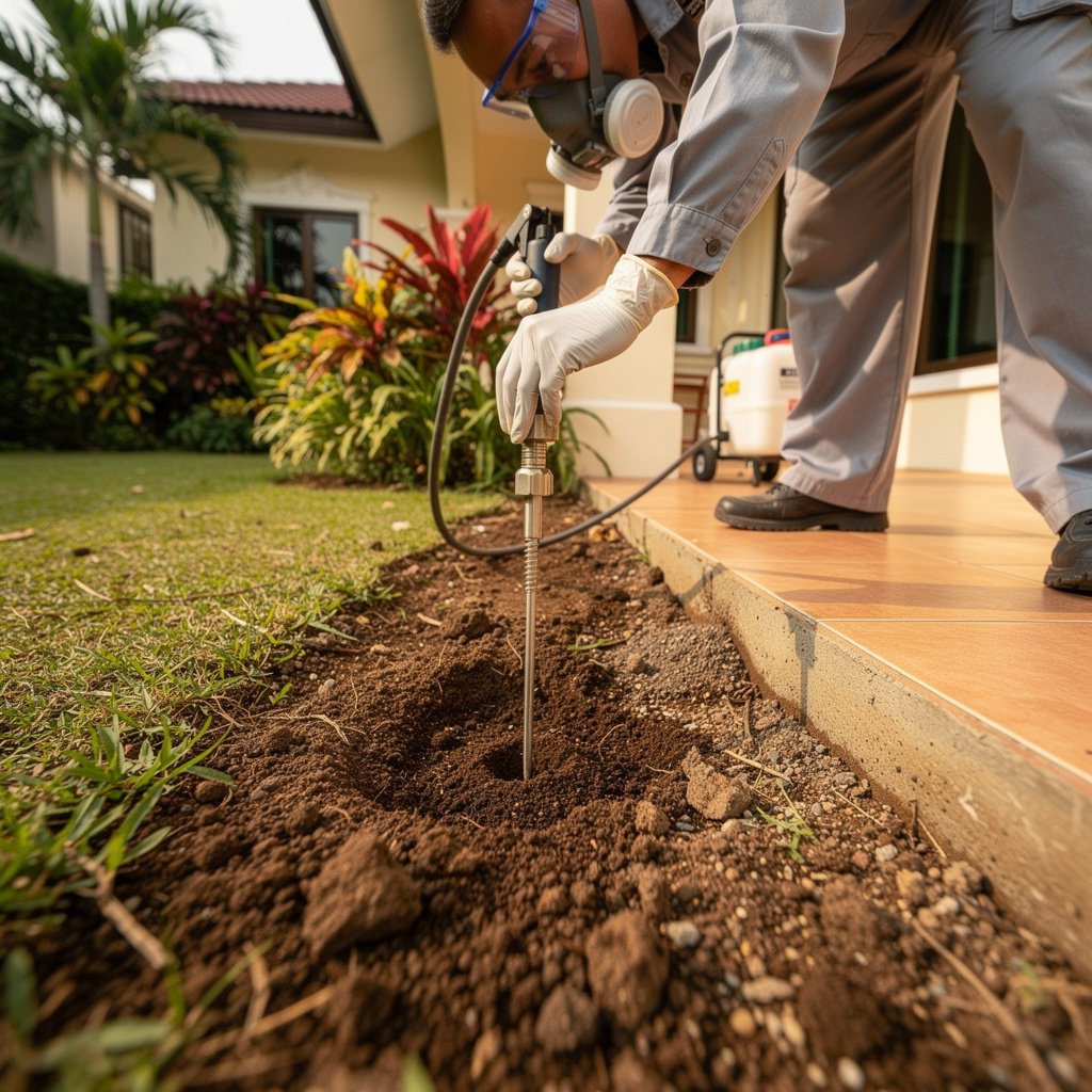 Termite control technician inspecting timber for subterranean termite damage in Kuala Lumpur